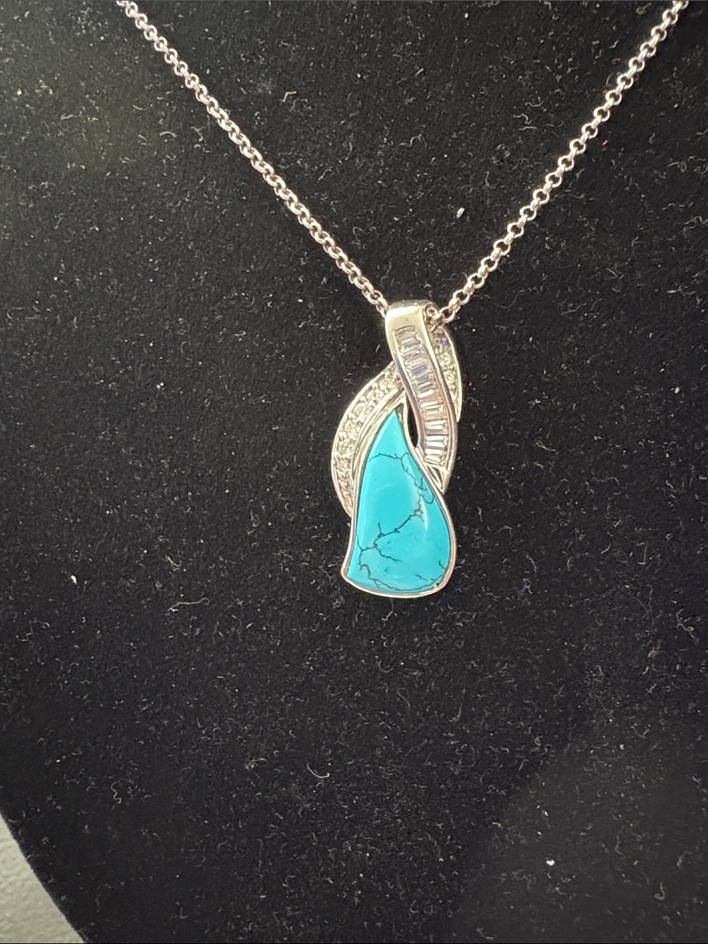 Vintage Sterling Silver By Pass Ribbon Turquoise Teardrop Pendant And Necklace